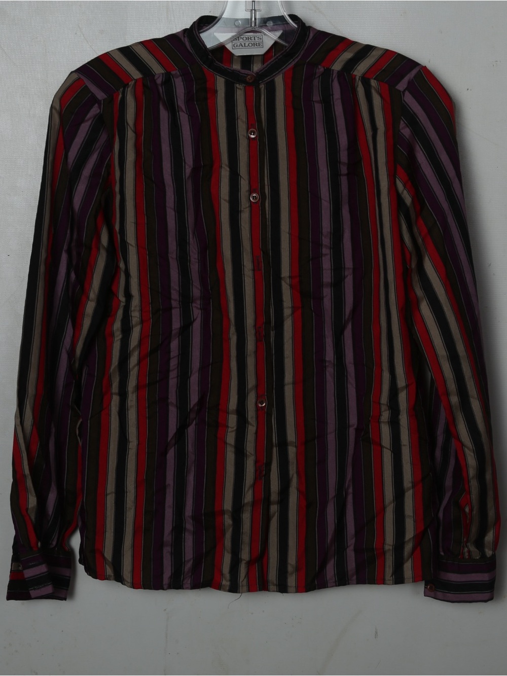 SPORTS GALORE Striped Button-Up Blouse in Red, Purple & Tan